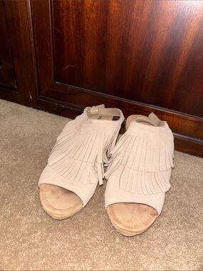 Fringed Open-Toe Mules in Cream